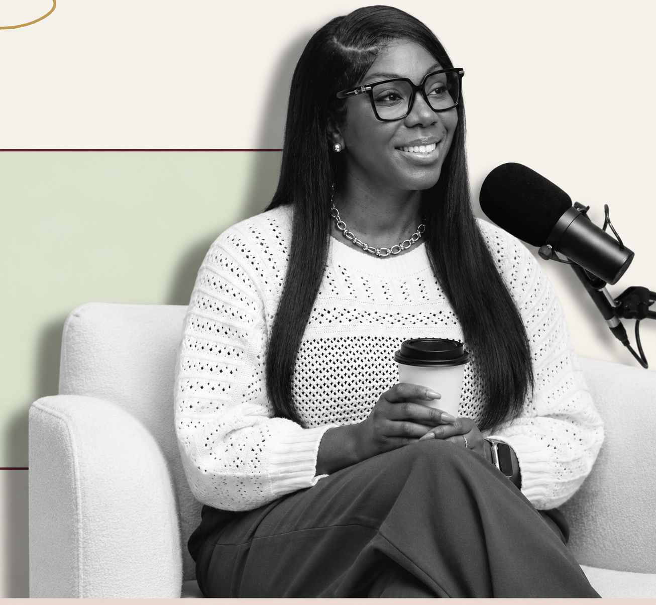 Katrina of Kultura Bridge speaking into a podcast microphone during a professional interview